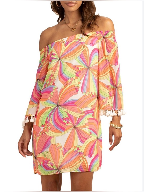 Trina Turk Dresses & Skirts - Trina Turk Amaris Off Shoulder Dress Tassel Sleeve Rainbow Print Size S